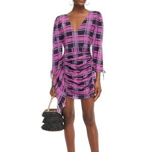 Rhode Piper Plaid Ruched Cotton Mini Dress Pink Black XS Cocktail Party